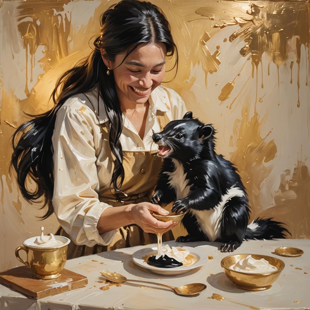 Whimsical Skunk and Cream Pot: Oil Painting