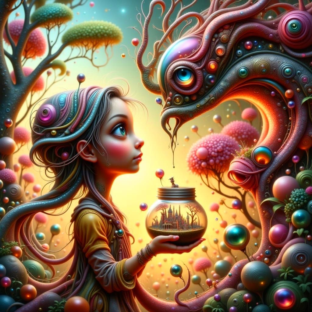Whimsical Girl Observes Alien's Miniature City in a Jar