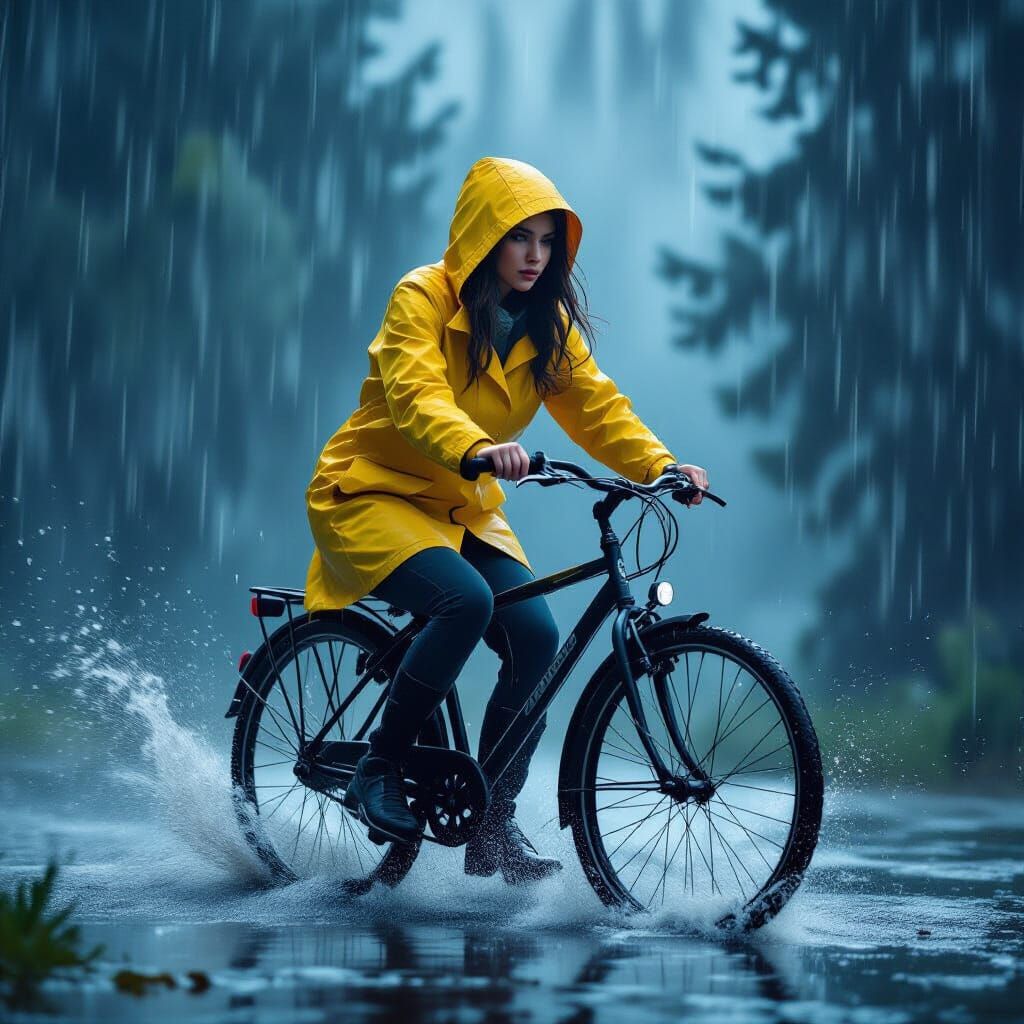 Woman Rides Bicycle Through Thunderstorm in Moody Style