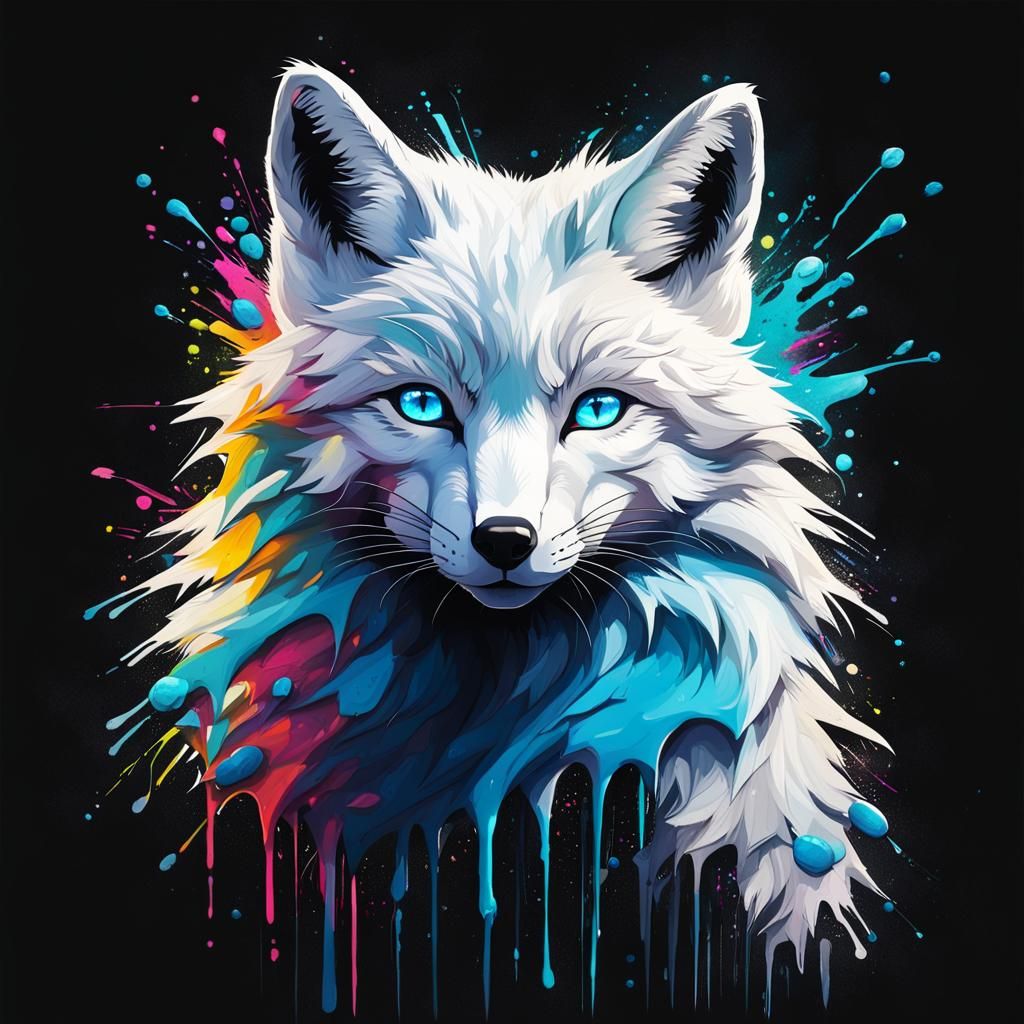 Striking Blue-Eyed Arctic Fox in Graffiti Art