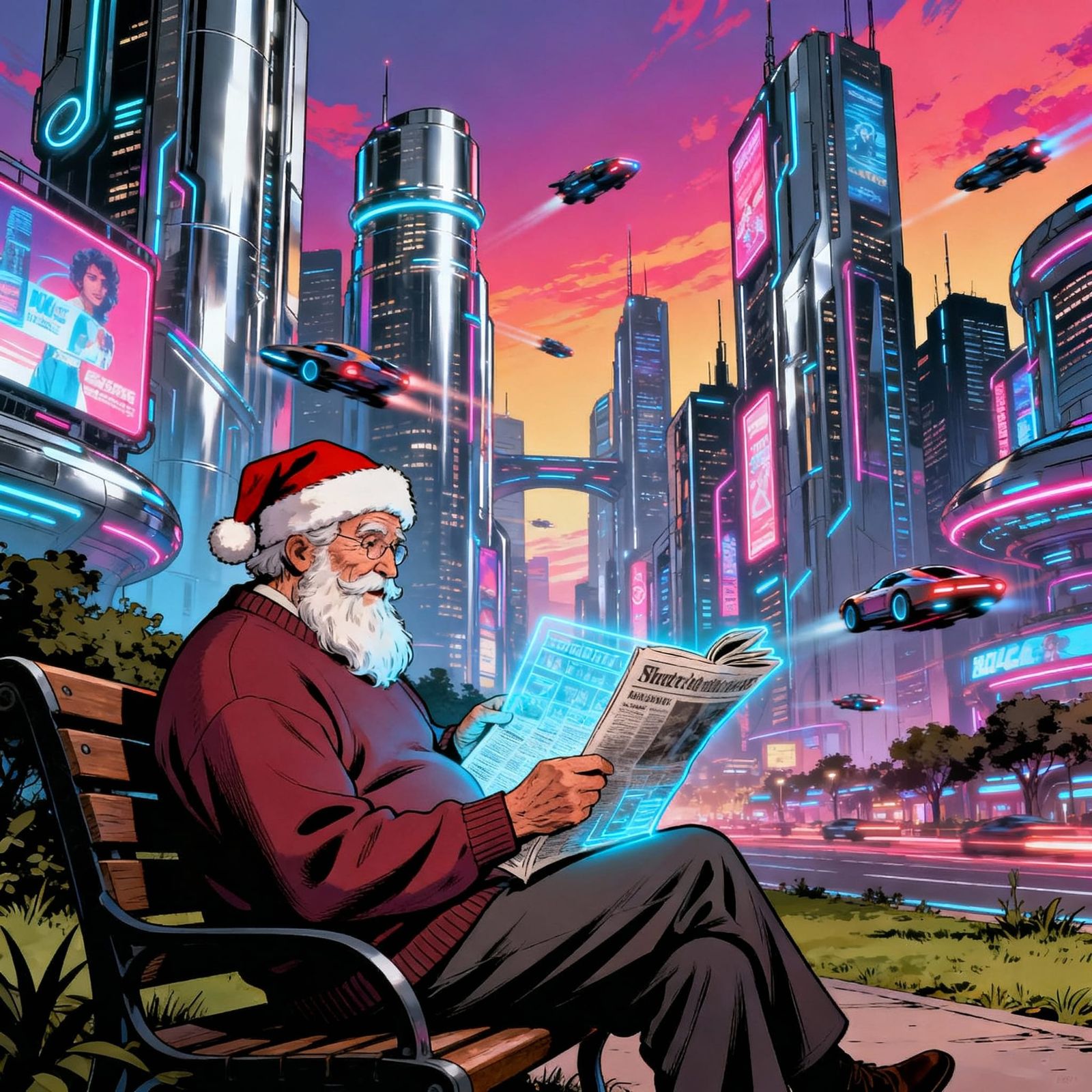 Santa Reads Holographic News in Futuristic City