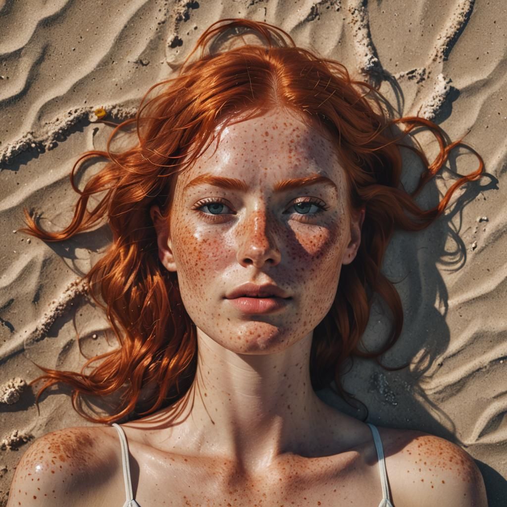Redhead Woman Sunbathing on Beach, Photorealistic Art