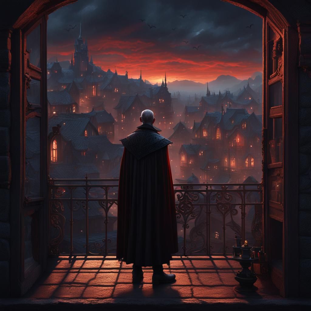 Vampire Overlooks Sleeping Town: Detailed Matte Painting