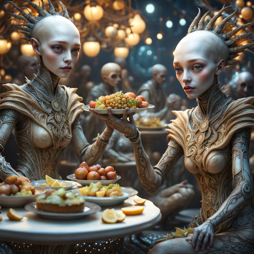 Bizarre Alien Feast in Hyperrealistic Magical Realism