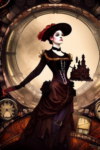 Victorian Steampunk Lady with Kitten, Digital Art