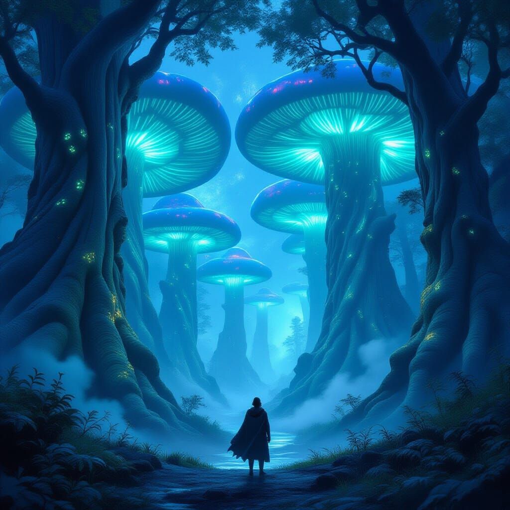 Hero Gazes Into Luminous Dreamlike Forest