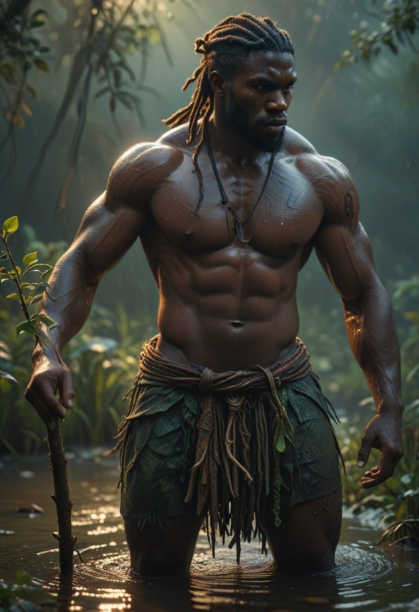 Muscular Nigerian Warrior Dominates the Misty Swamp