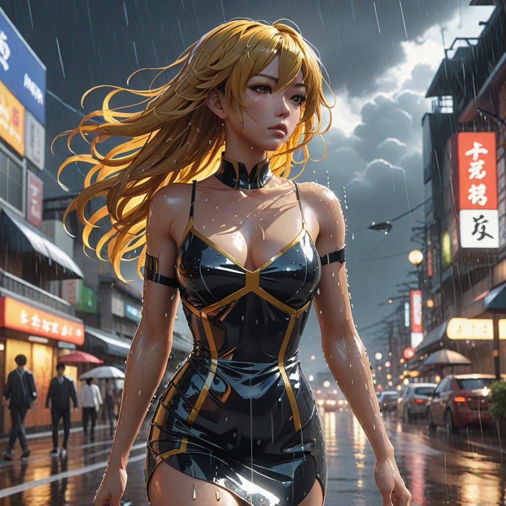Woman in Wet Dress Walking in Stormy Rain