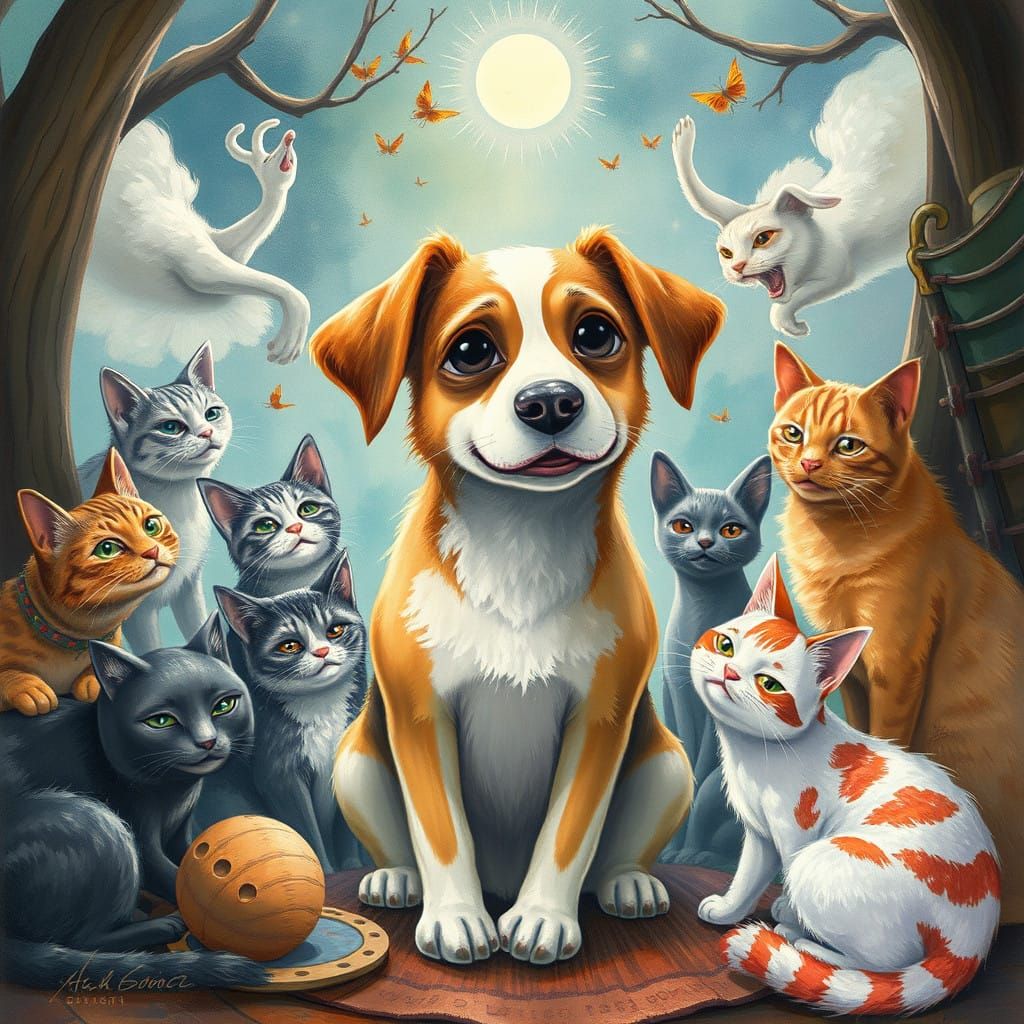 A Dog Surrounded by Whimsical Ex-Cats in a Dreamlike Scene