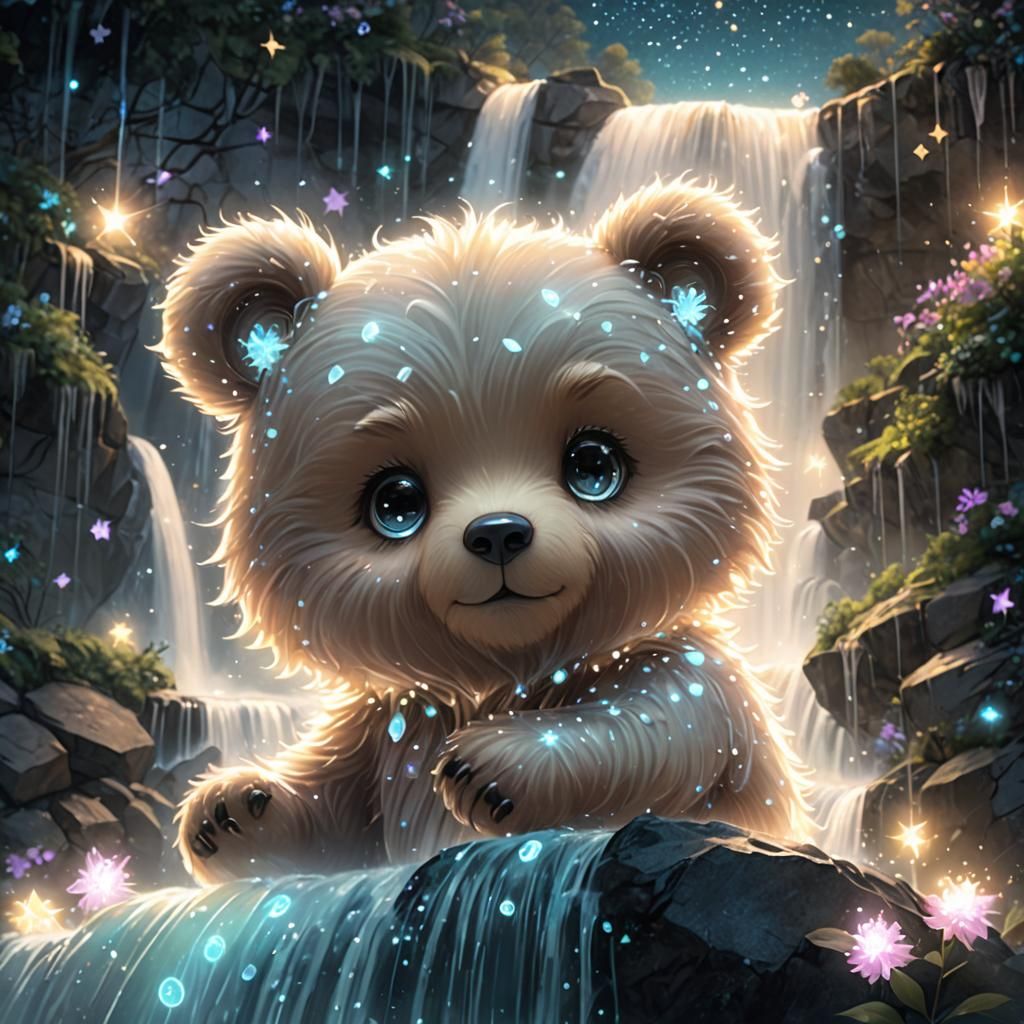 Bioluminescent Waterfall Constellation Bear in Digital Paint...