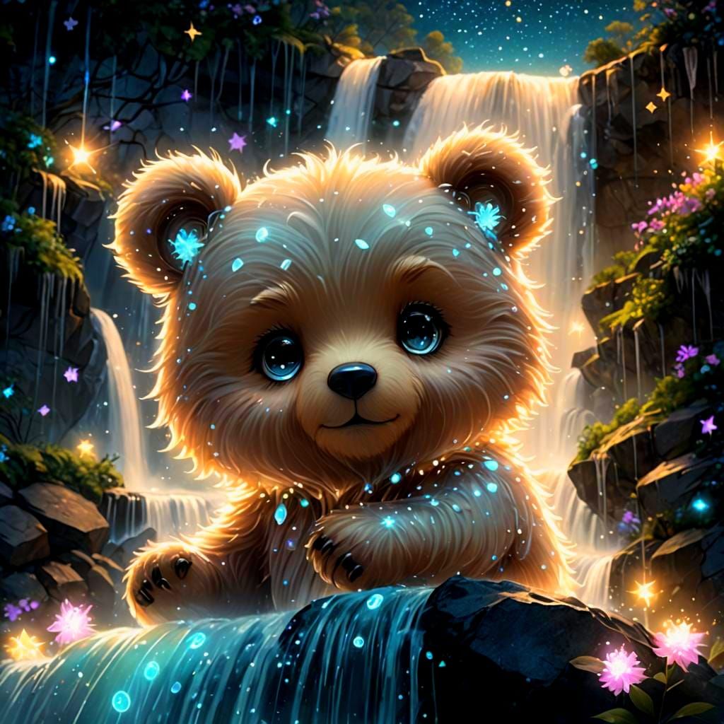 Chibi Bear Constellation on Bioluminescent Waterfall