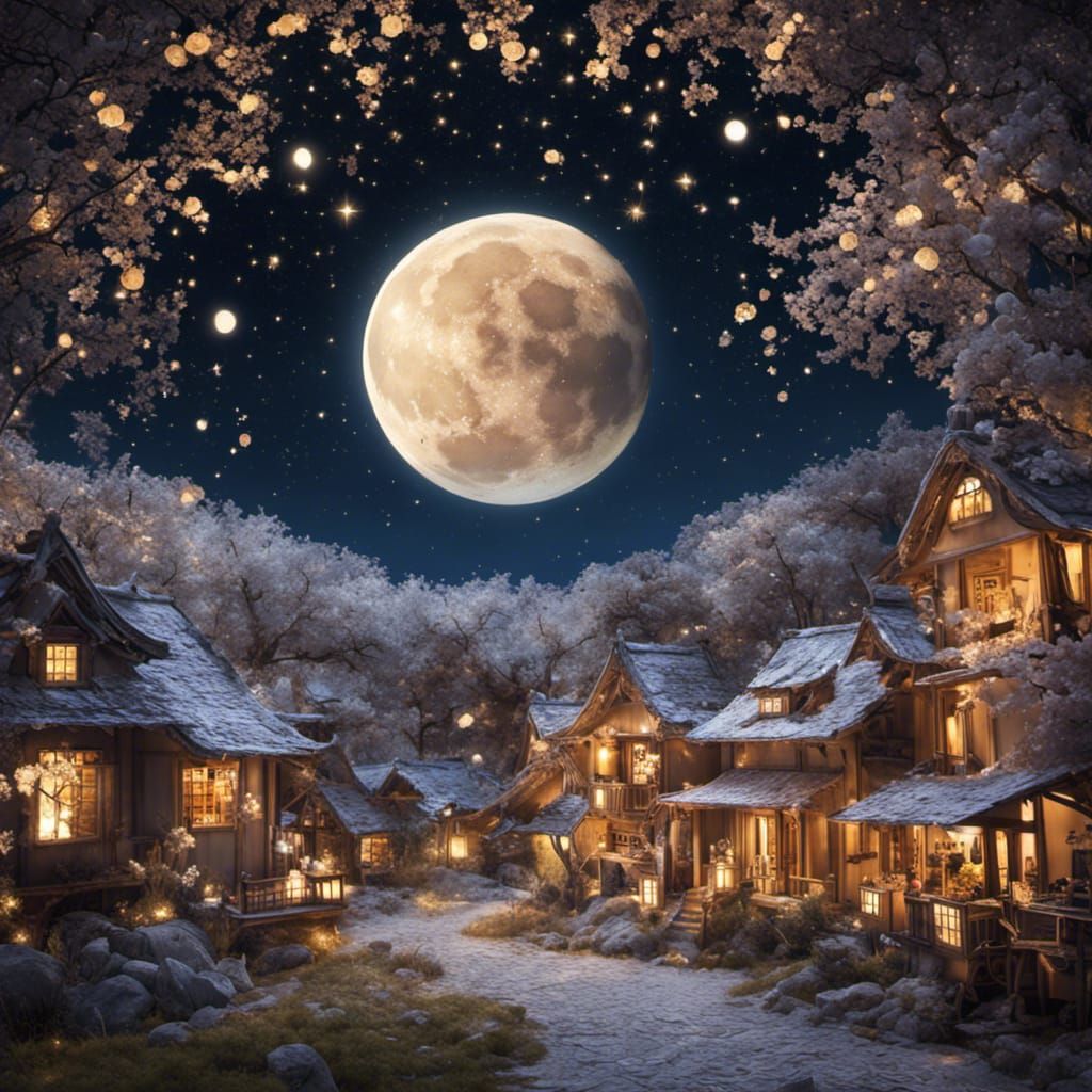 Dreamlike Origami Super Moon in Starry Sky