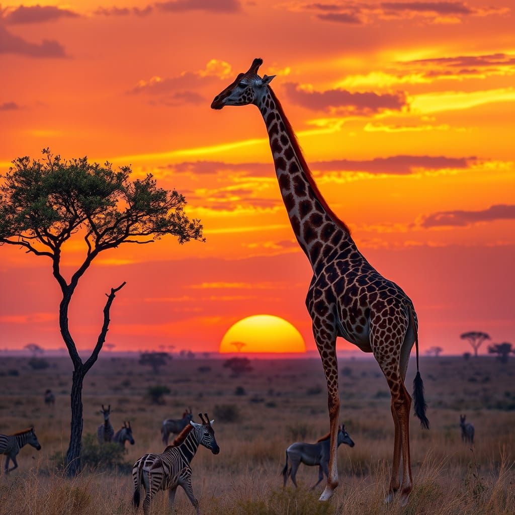 African Giraffe in Sunset Savanna Landscape Art