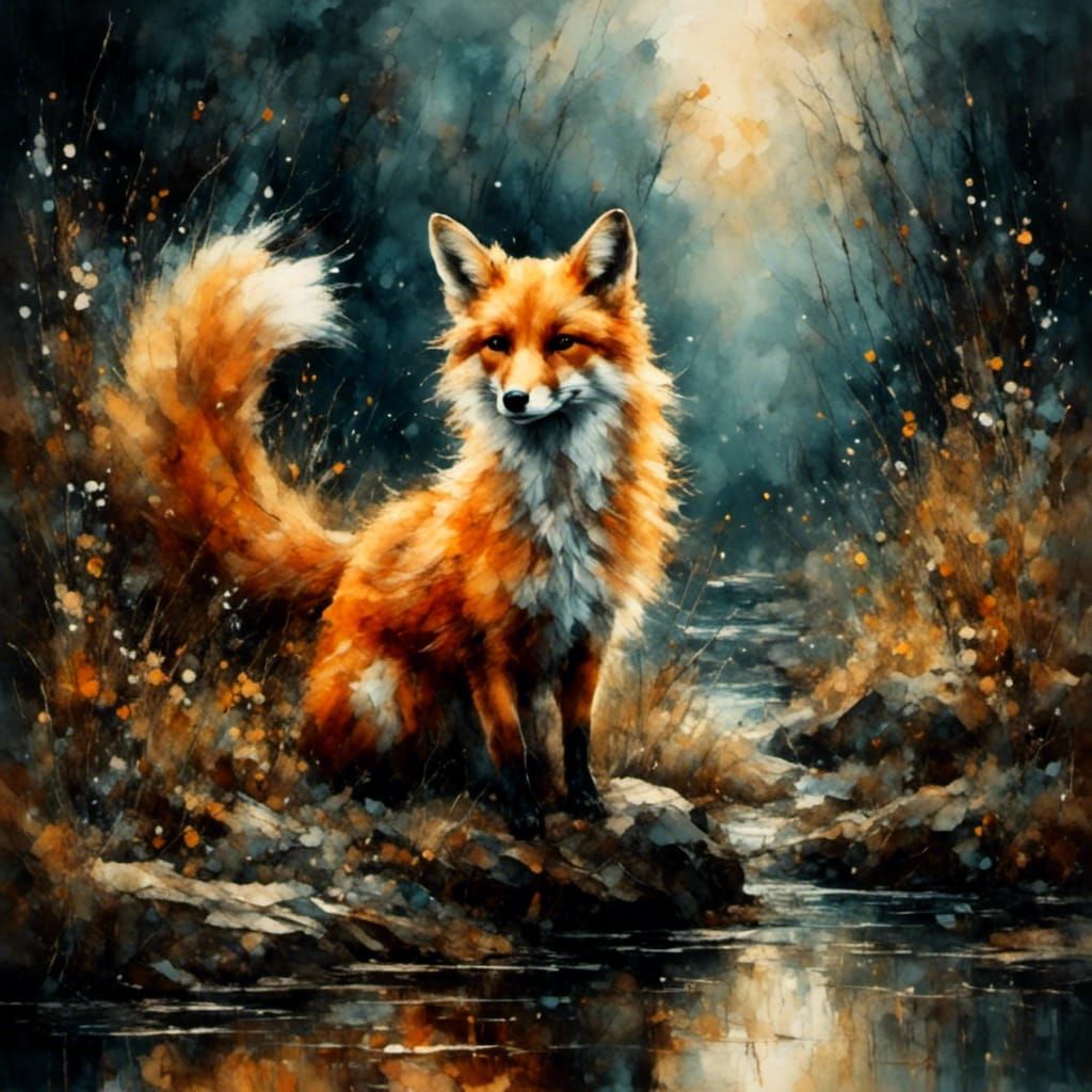 Red Fox in Ancient Woods at Night