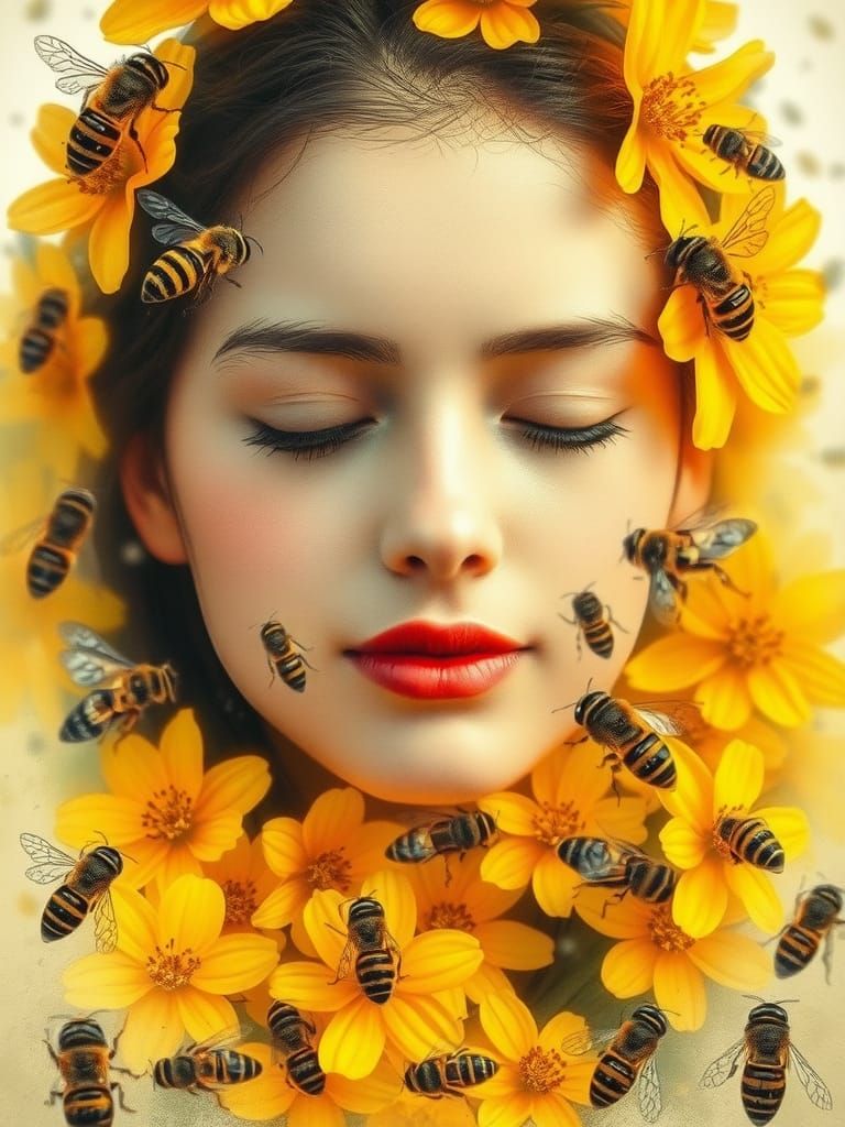 Golden Flowers, Bees, and Face in Double Exposure
