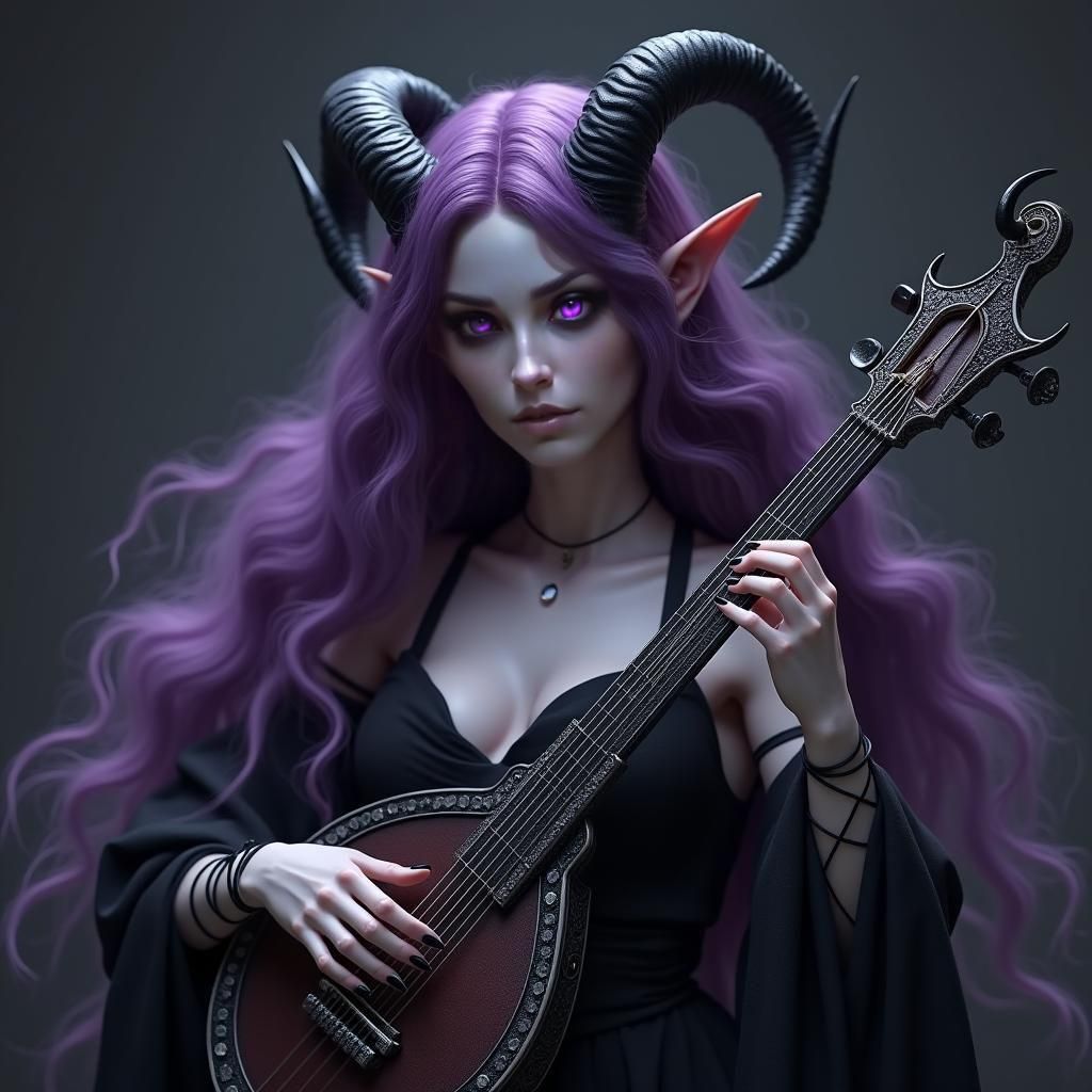 Drow Tiefling Bard with Lute, Hyperdetailed Portrait