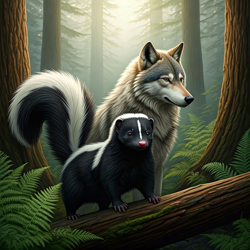 Skunk and Wolf Friends in Misty Forest