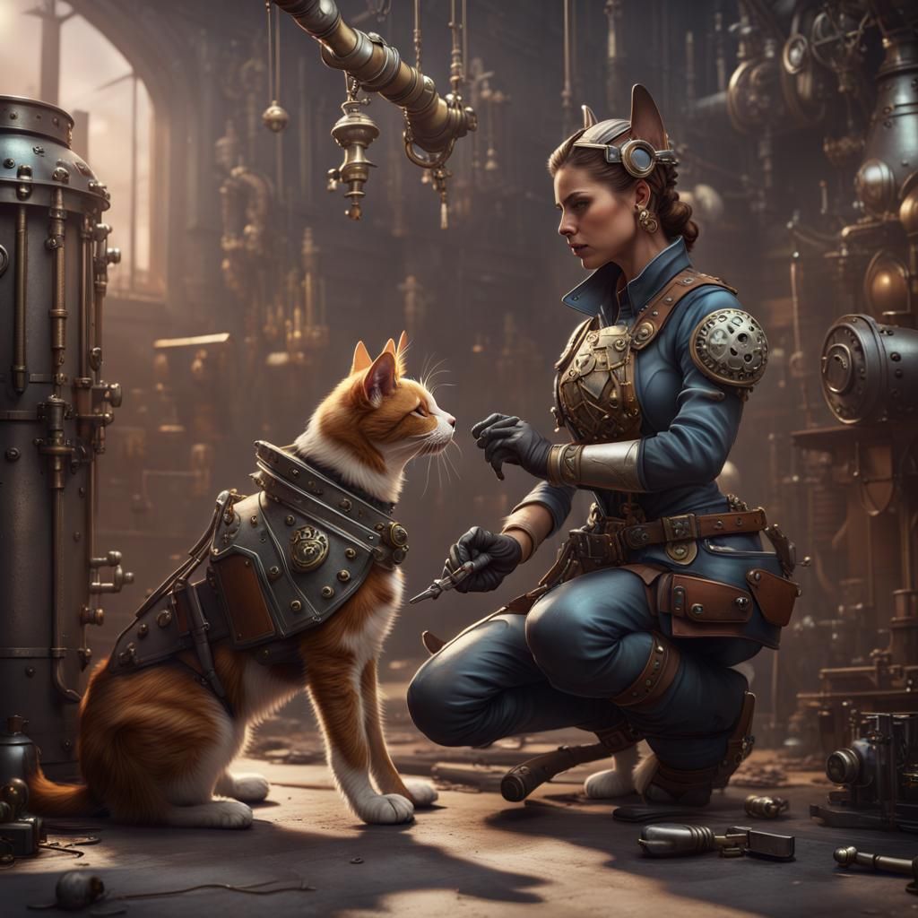 Steampunk Cat Artificer Constructing Metal Guard Dog
