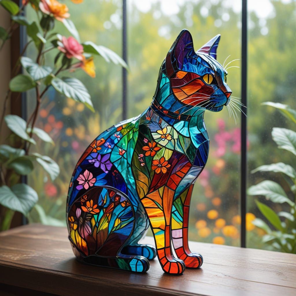 Stained Glass Cat in Impressionistic Style