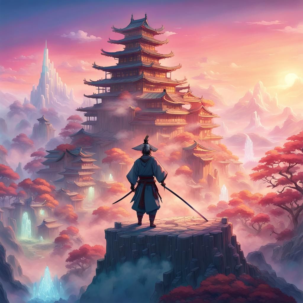 Samurai Balances Crystal Village: Digital Fantasy Art