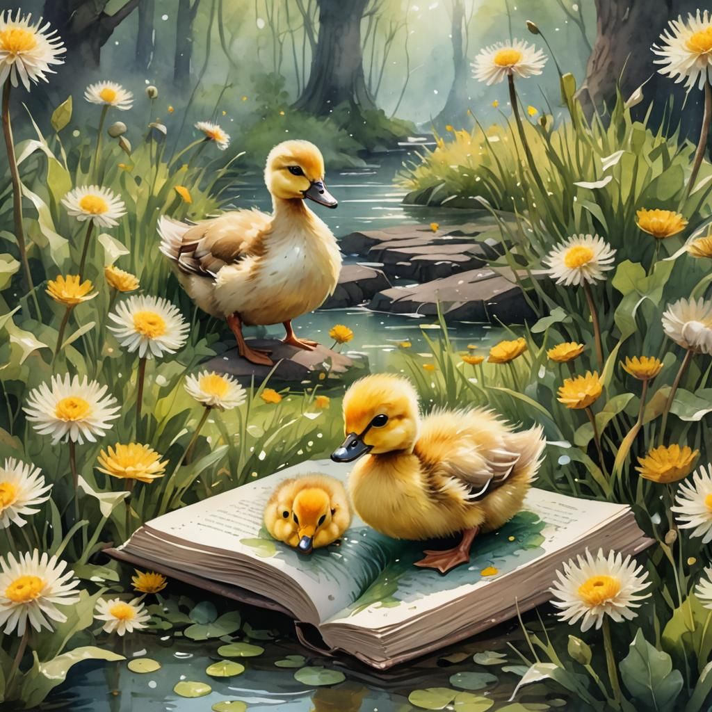 Dandelion Duckling in Watercolor Book: Fantasy Concept Art