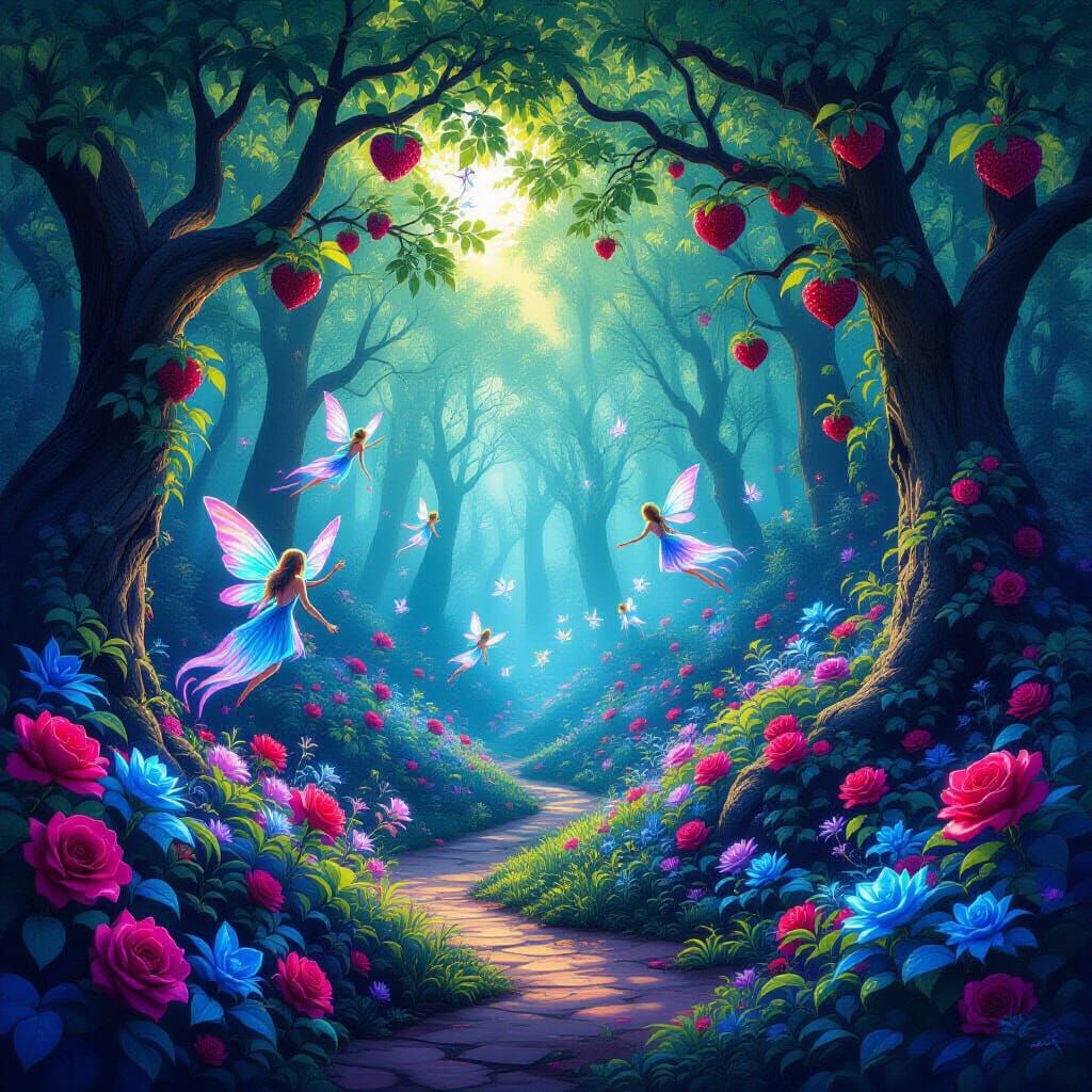 Enchanted Forest with Neon Flora and Fairies