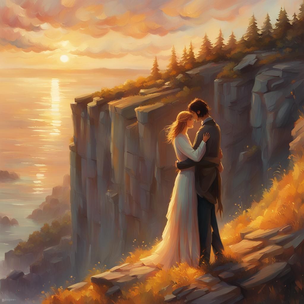 Romantic Couple Embrace on Cliff, Van Gogh Style