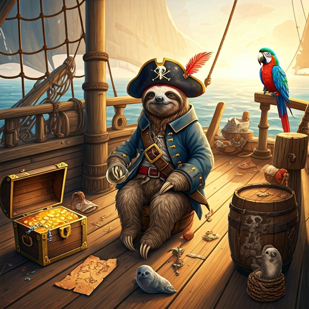 Whimsical Pirate Sloth on Treasure Ship, Hand-Drawn
