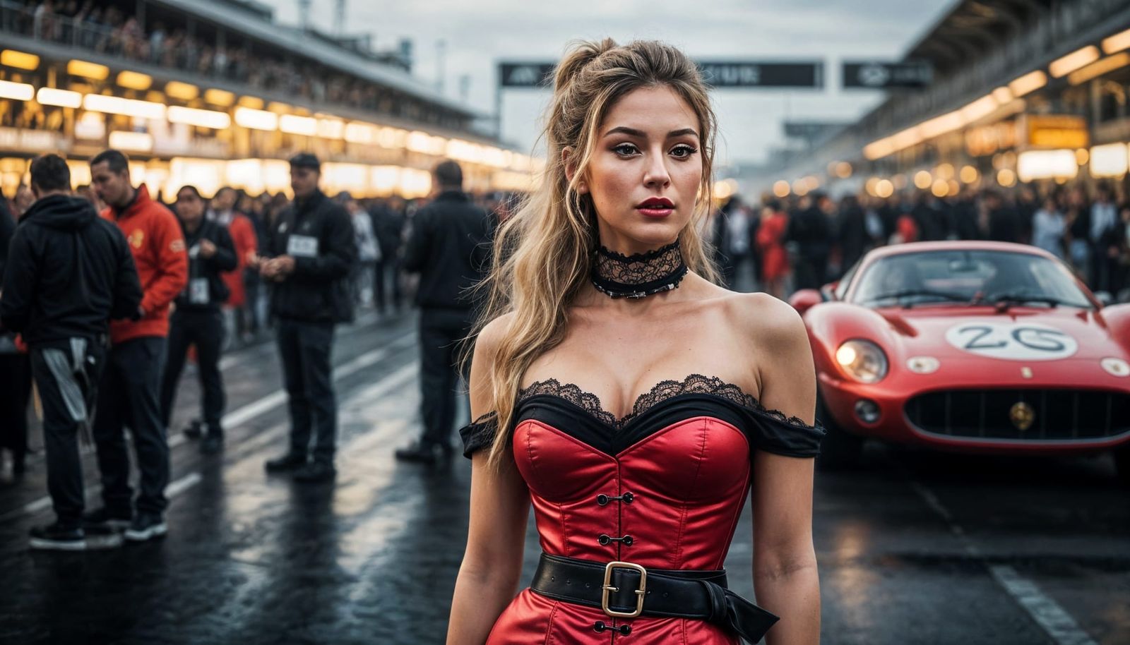 Captivating Beauty Next to Ferrari, in Ukiyo-e Style