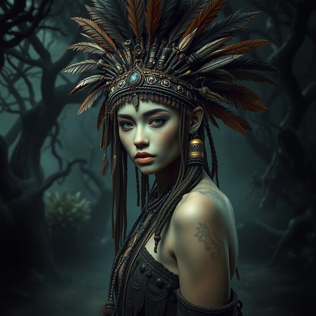 Surreal Dark Goddess in Tribal Headdress, Lost in a Haunting...