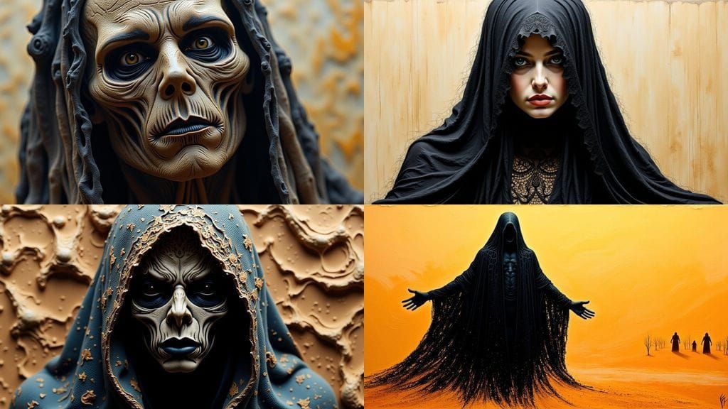 Death's Ethereal Portrait in Visceral Sand Texture