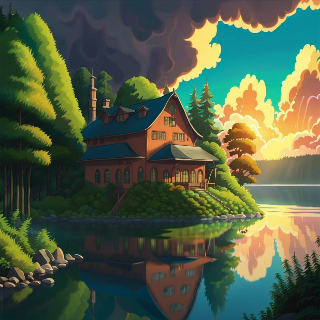 Lake House in Studio Ghibli Style