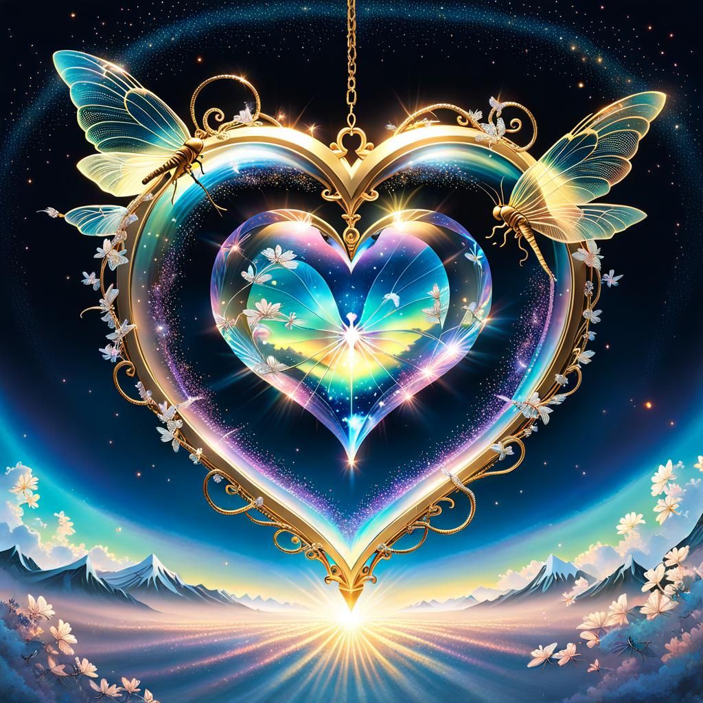 Iridescent Crystalline Heart in Dreamlike Atmosphere
