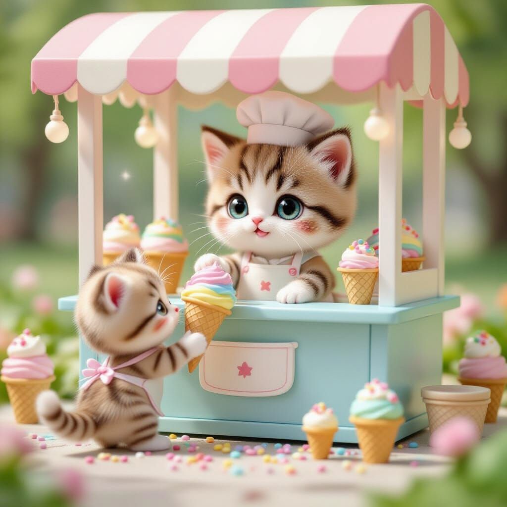 Kitten Ice Cream Stall in Anime-Cartoon Style