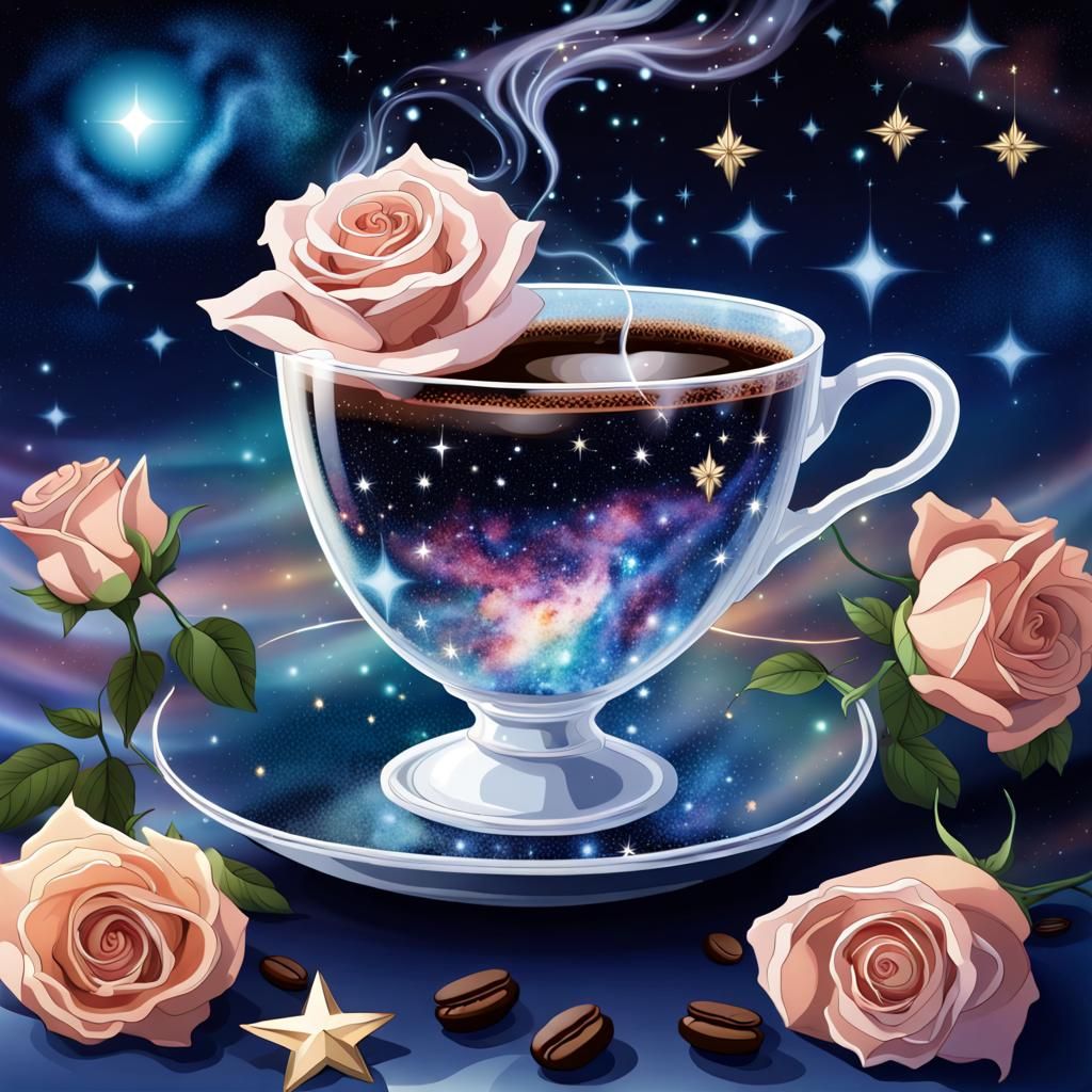 Crystal Cup with Coffee and Roses Under Starlight