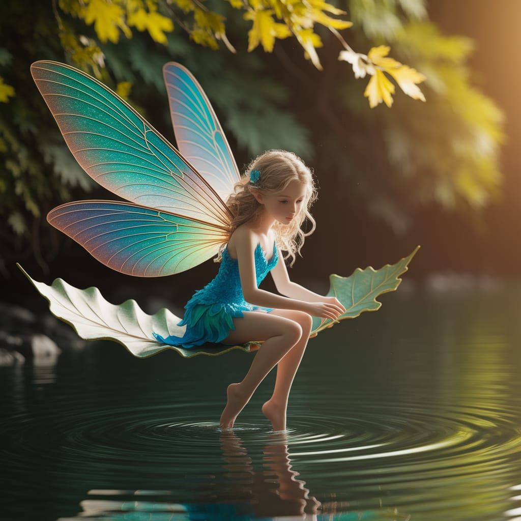 Fairy Drifting on Leaf with Dragonfly Wings