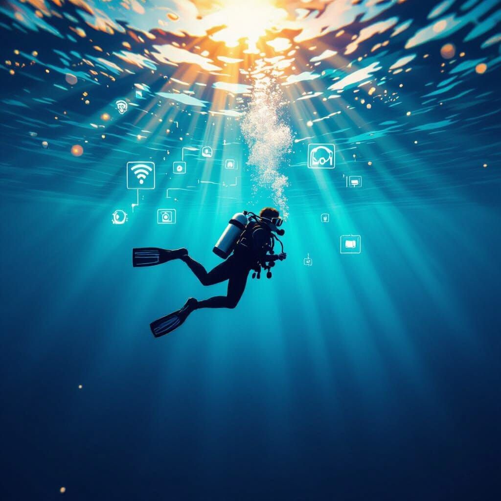 Scuba Diver Exploring Digital Depths with Sunlit Waves