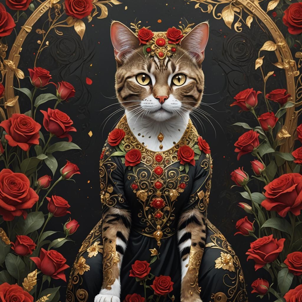 Humanized Cat Portrait in Gustav Klimt Style