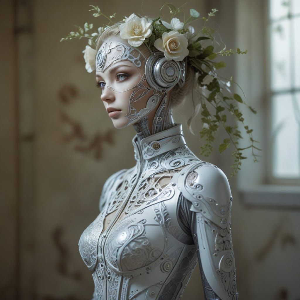 Elegant Steampunk Cyborg in Anime Style