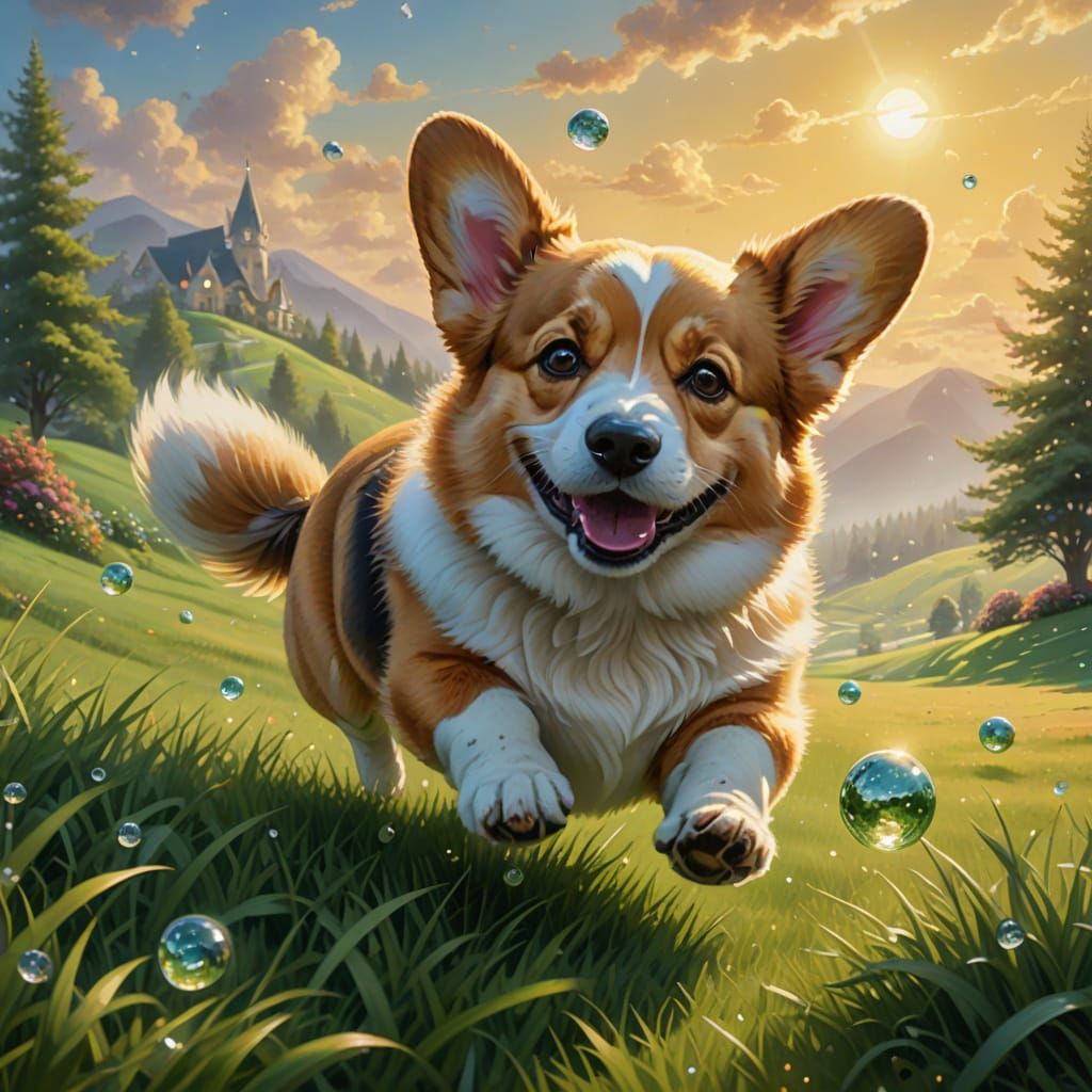 Whimsical Welsh Corgi in Enchanted Meadow