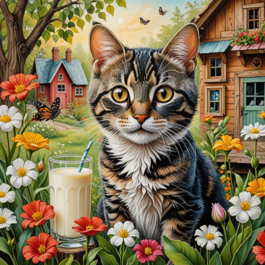 Victorian Cat and Mouse in Whimsical Floral Wonderland