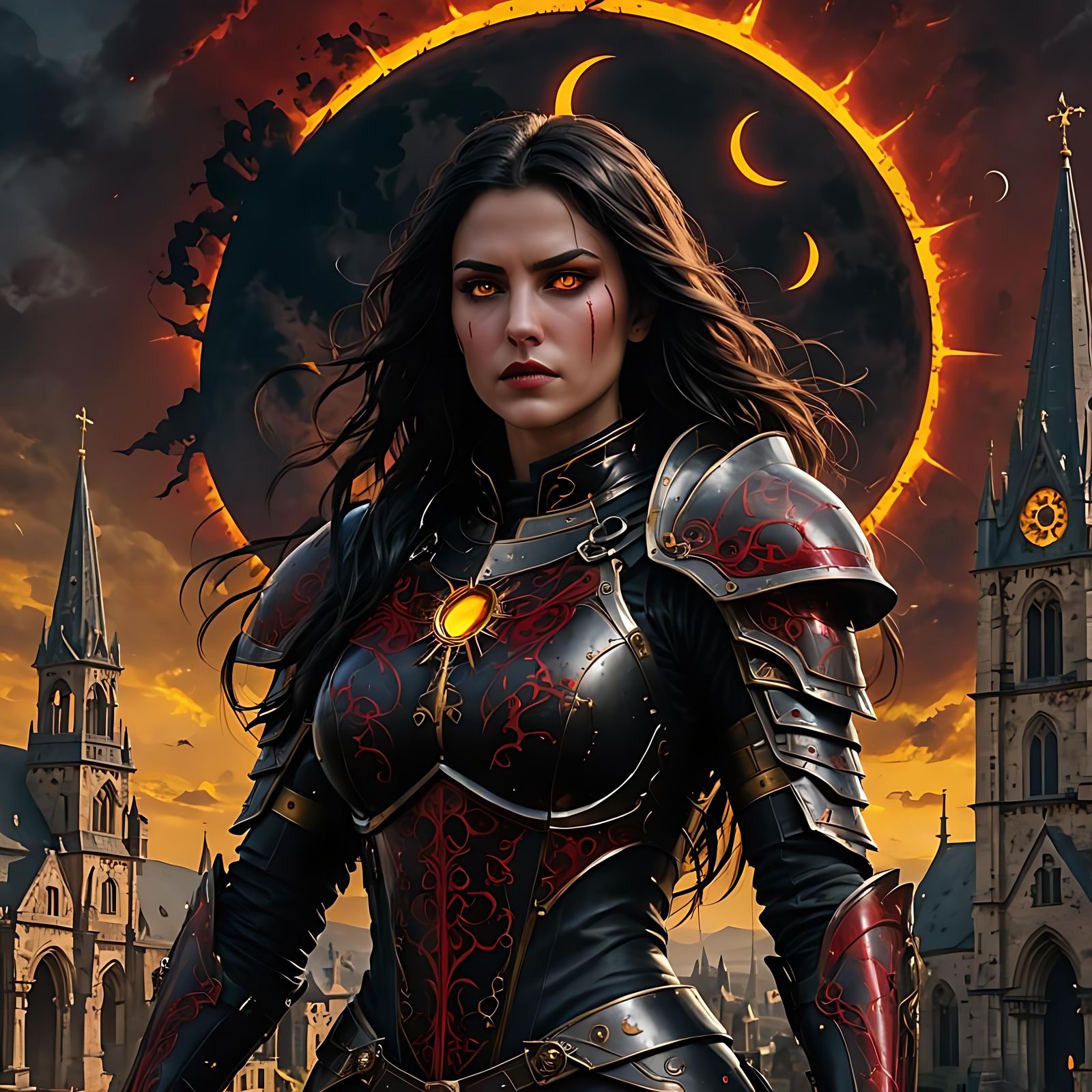 Dark Paladin Woman in Blood Red Armor