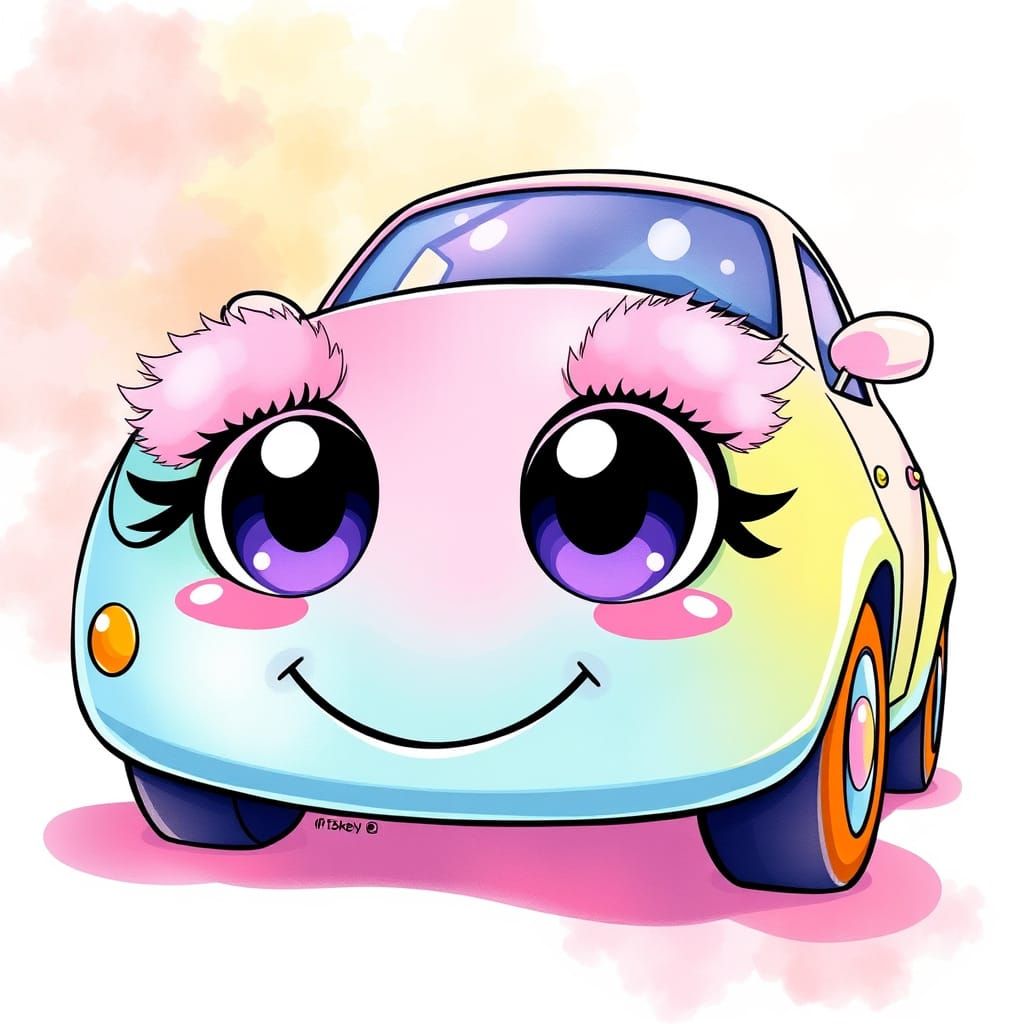Pastel Kawaii Car with Shiny Eyes, Digital Art
