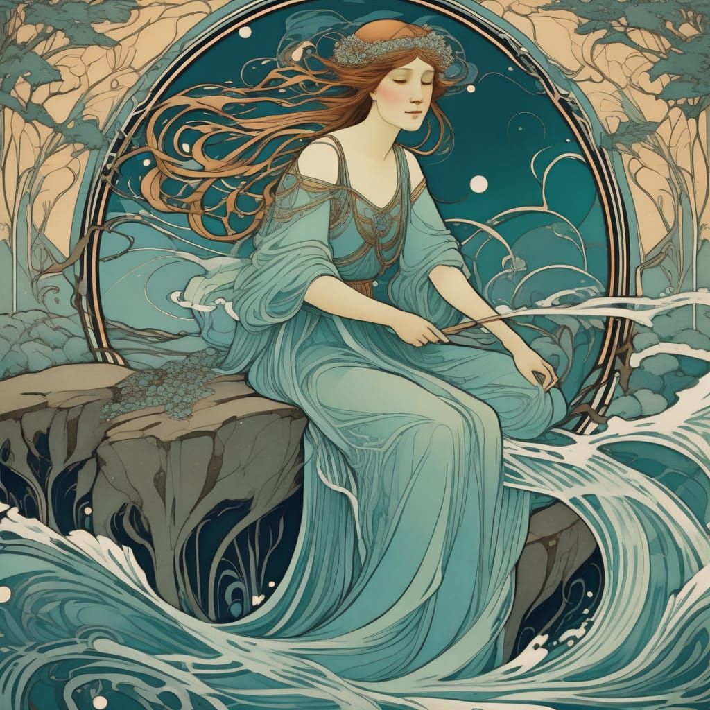 Art Nouveau Waterfall with Intricate Lines and Organic Forms