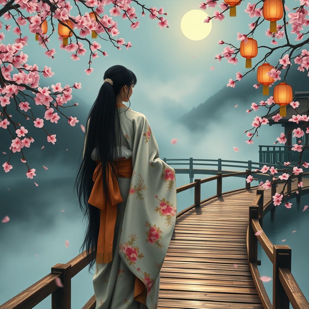 Ethereal Asian Scene with Traditional and Modern Elements