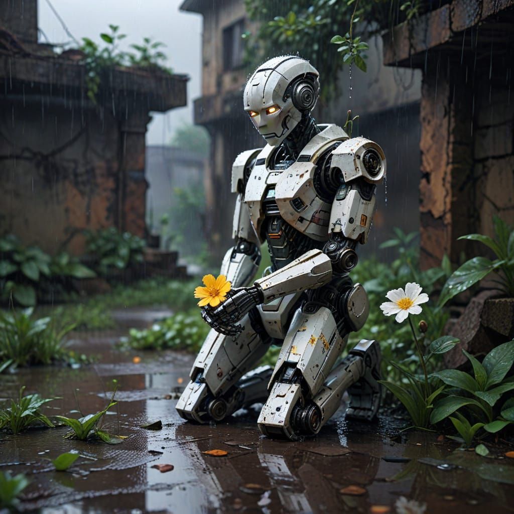 Anime Robot Cherishes Flower in Ruined City