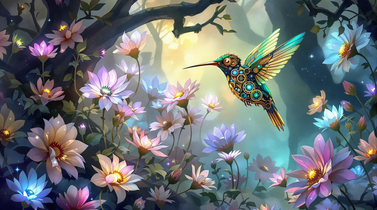 Clockwork Hummingbird in Digital Watercolor Style