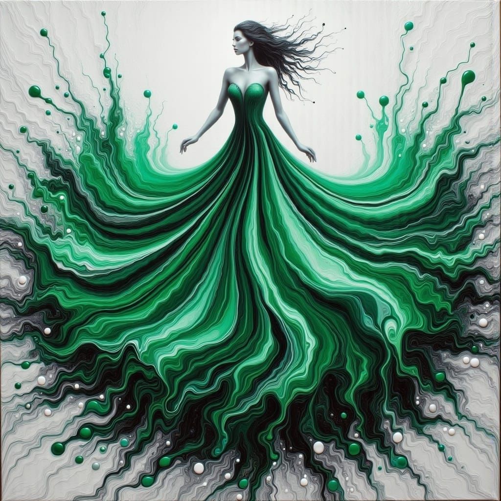 Surreal Green Dress in Abstract Impasto Art
