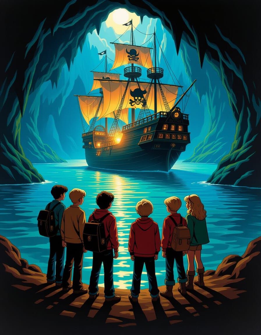 80s Movie Poster Painting of The Goonies in Sea Cave