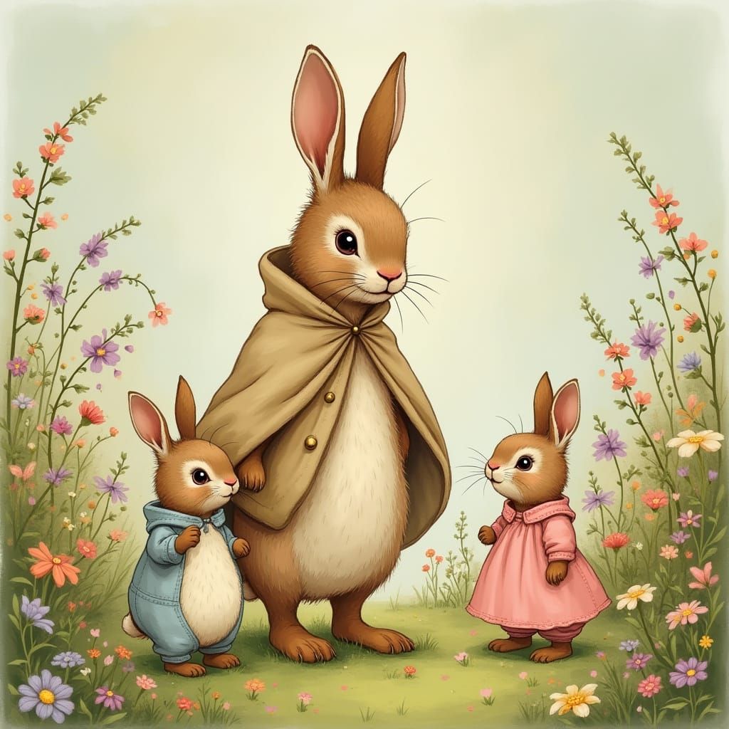 Mother Rabbit and Babies in Flower Forest